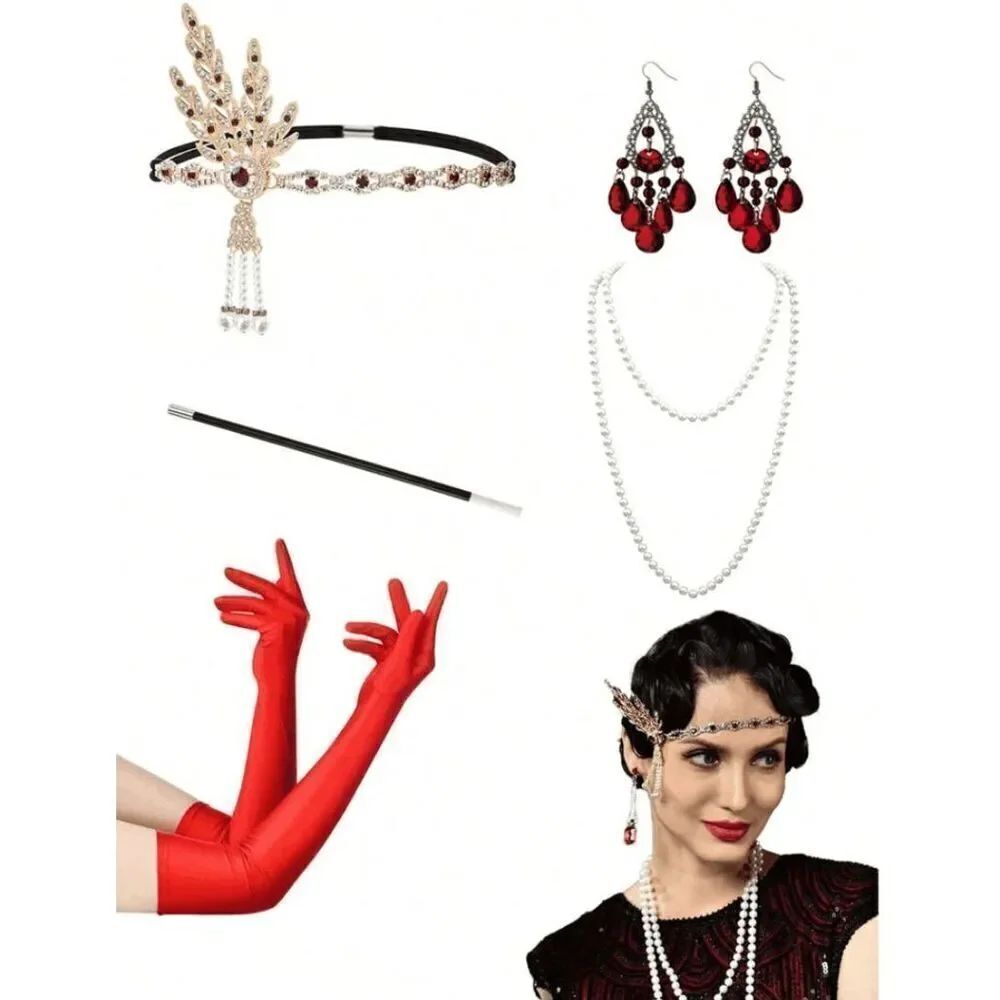 ❤️✨ 5PCS 1920s Red Accessories Flapper Great Gatsby Retro Costume Set NEW